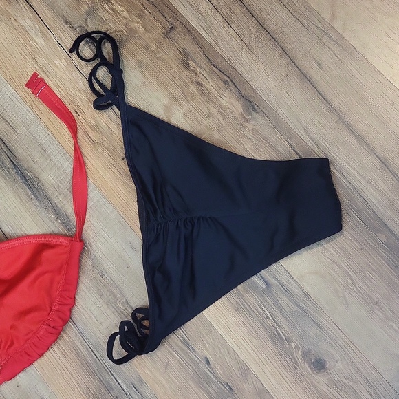 ASOS Black Red Strappy Hook & Eye Triangle Bikini Top & Back Seam String Bottom - Picture 14 of 14
